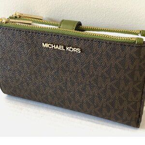 New Michael Kors Jet Set Travel Double Zip Wallet Brown Evergreen with Gift Box
